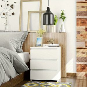 White Modern Bedside Table Cabinet Nightstand with 3 Storage Drawers Bedroom Furniture