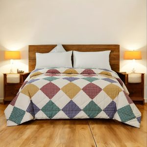 High-quality Cotton Quilt, Colorful Checkered Square Pattern 100% Cotton Quilt Surface Filling Microfiber Cotton Fabric Twin Queen King Size Lightweight Comforter Polygonal Modern Reversible Multi Color Orange Blue White Stylish Seamless Quilted