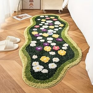 Irregular Moss Carpet Long Rug Runner Colored Small Flowers Green Moss Long Area Rug For Bedroom Living Room Luxury Moss Runner Carpet For Bedside Non Slip Machine Washable