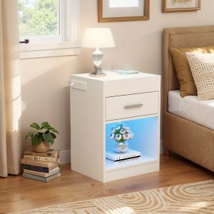 LED Nightstand With Charging Station, Modern Bedroom End Bedside Tables With Lock Cabinet And Power Outlets, Sofa Night Stand, Storage Cabinet