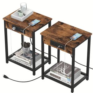 2 Pack 2 Tier Narrow Side Tables End Table With USB Ports And Power Outlets, Nightstand With Charging Station, Bedroom With Storage Shelf, Bedside Tables For Bedroom, Living Room, Sofa Couch (Rustic Brown)