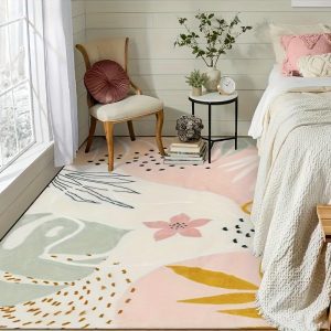 Bohemian Abstract Pink Plant Print Rug, Washable, Non-Slip, 71x47 Inch, Living Room, Bedroom, Kitchen, Dining Room