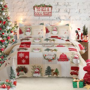 3-piece Christmas Double-sided Quilt Set, Beige And White Checkered Lightweight Bedding Set, Christmas Reindeer Snowman Pattern Splicing, Medium Double Bed, 1quilt+2 Pillowcases, Soft Ultra-fine Fiber Country Cottage Lightweight Bedspread