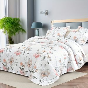 2/3PC Quilt Set Quilted Bedspread Lightweight Coverlet Set Garden Style Floral Printed Oversized Quilted Bedding Set With Shams For All Season, Exquisite (1Quilt+1/2Pillowcases)