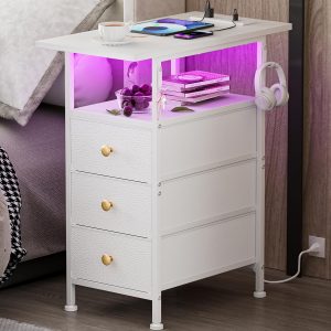 End Table With Charging Station, Narrow Side Table With 3 Fabric Drawers And Shelf, Skinny Nightstand With LED Light, Slim Bedside Table For Bedroom, Living Room, Small Spaces, White